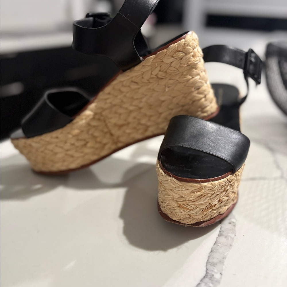 Black Platform Wedge Raffia Sandals
